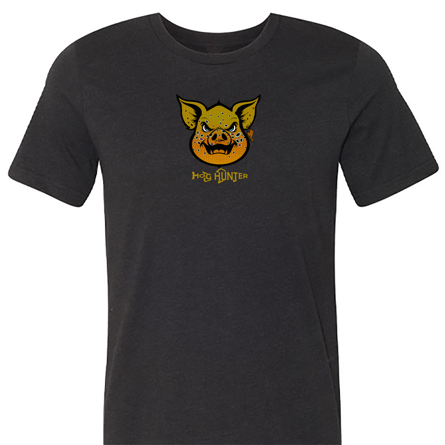 The Brown Hog Hunter Tee Shirt features the Headwater Hog in a brown trout pattern.  Fly fishing t shirt in black.